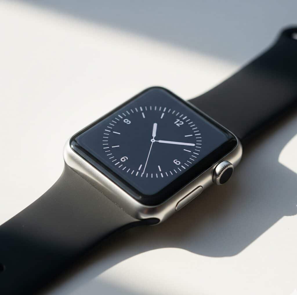Apple Watch de primeira geração com design clássico e pulseira preta.