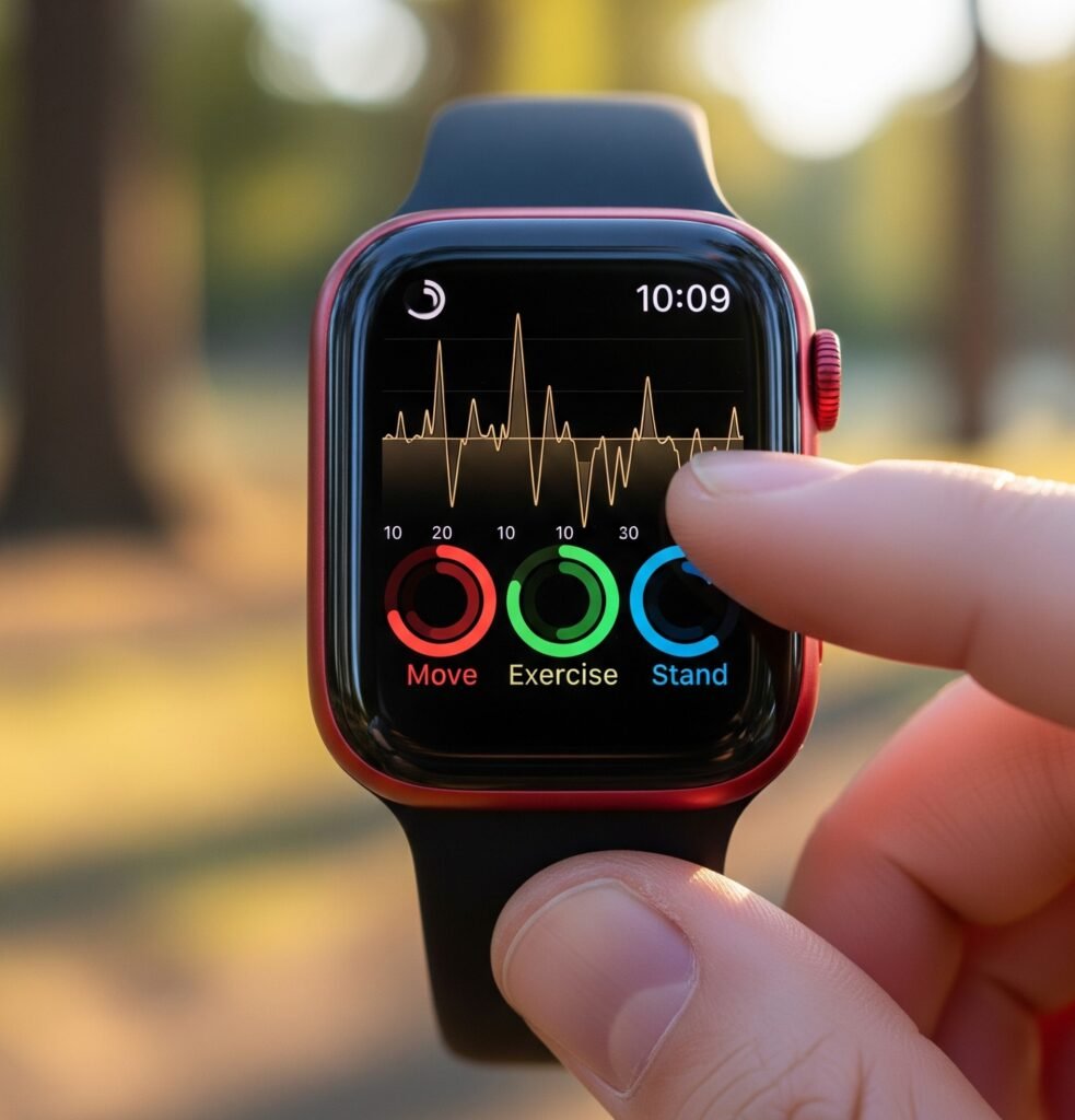 Apple Watch monitorando batimentos cardíacos e anéis de atividade física na tela.