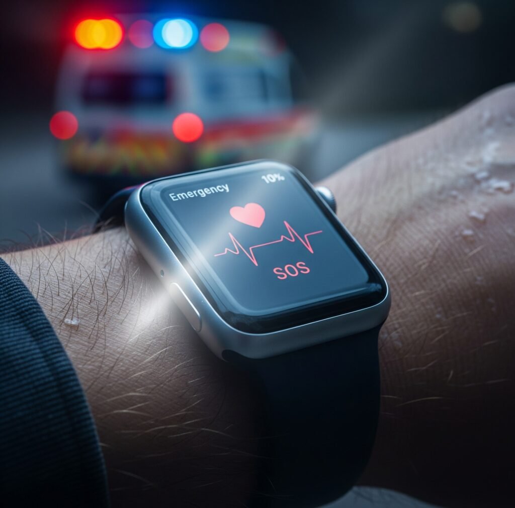 Apple Watch em um pulso exibindo alerta de emergência com uma ambulância ao fundo.