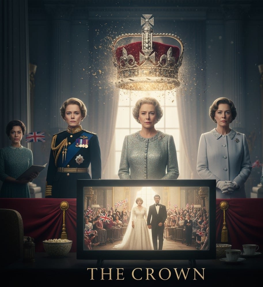 Elenco de The Crown retratando a Rainha Elizabeth II e outros membros da realeza britânica.