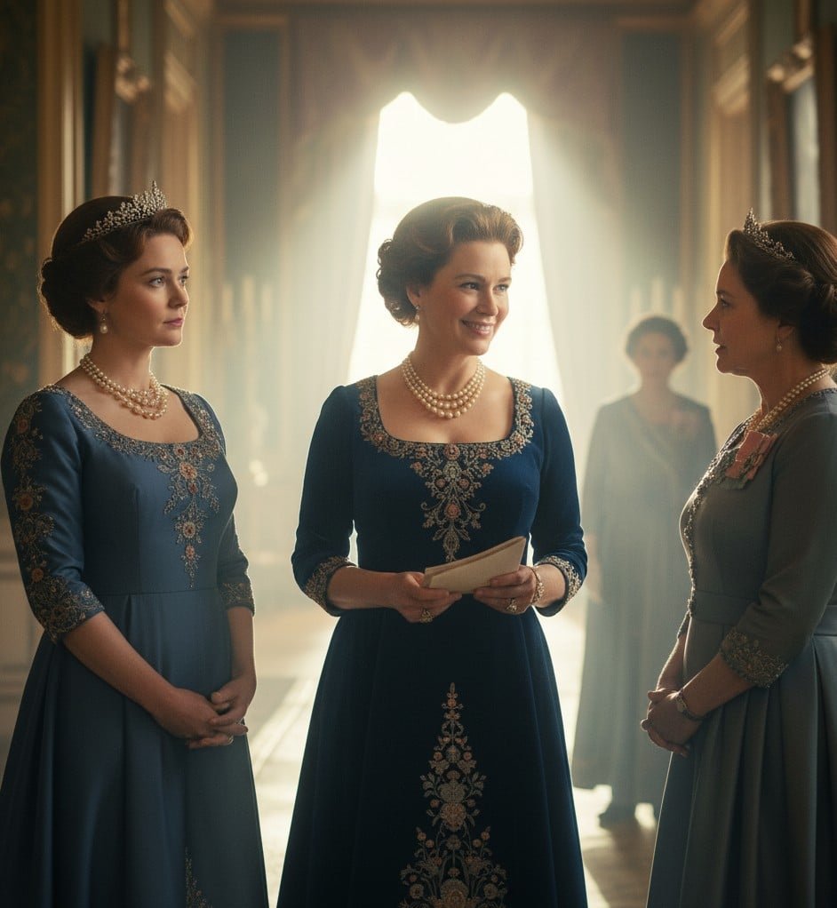 Elenco de The Crown em trajes de gala, recriando cena de evento da realeza britânica.
