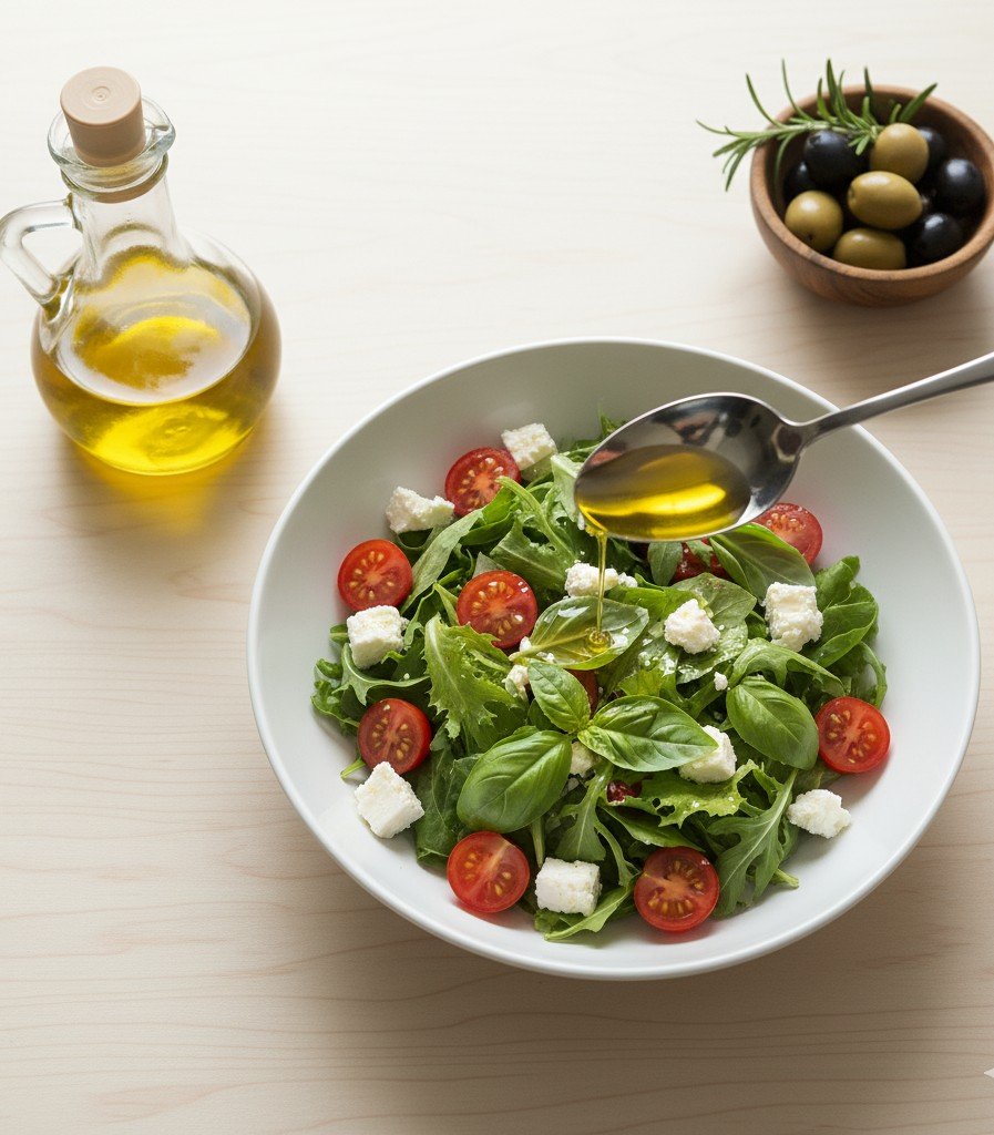 Salada fresca com tomate, manjericão e queijo, regada com azeite de oliva.