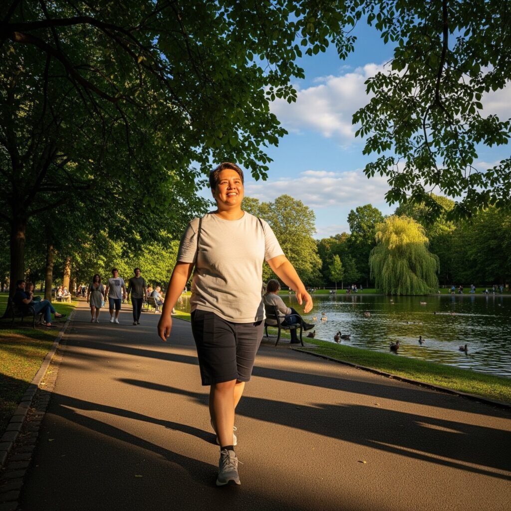 Pessoa caminhando ao ar livre para reduzir o estresse no dia a dia.