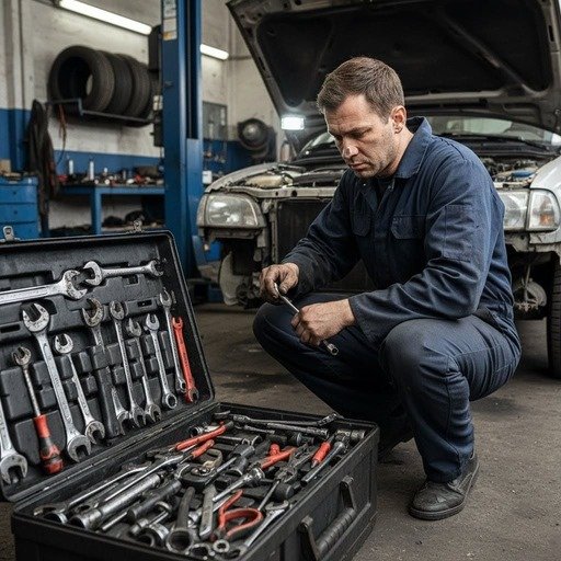 Homem organizando caixa de ferramentas para manutenção de carros no dia a dia.