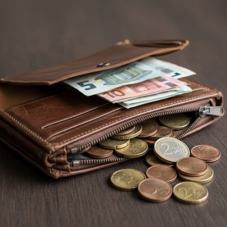 Carteira com notas e moedas para investir com pouco dinheiro.