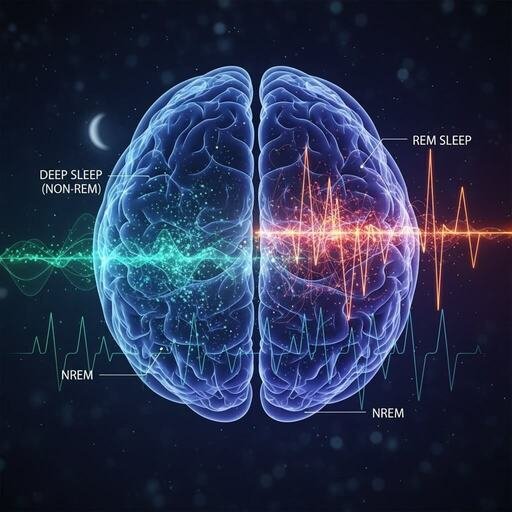 Ilustração de ondas cerebrais durante as fases do sono REM e Não-REM - Ciência do sono.