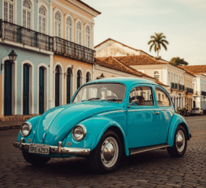 Volkswagen Fusca azul estacionado em rua de paralelepípedos em cidade histórica brasileira.