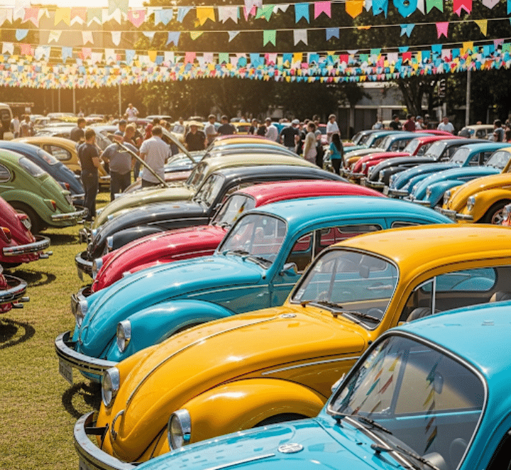 Vários carros Volkswagen Fusca coloridos em um encontro de colecionadores.