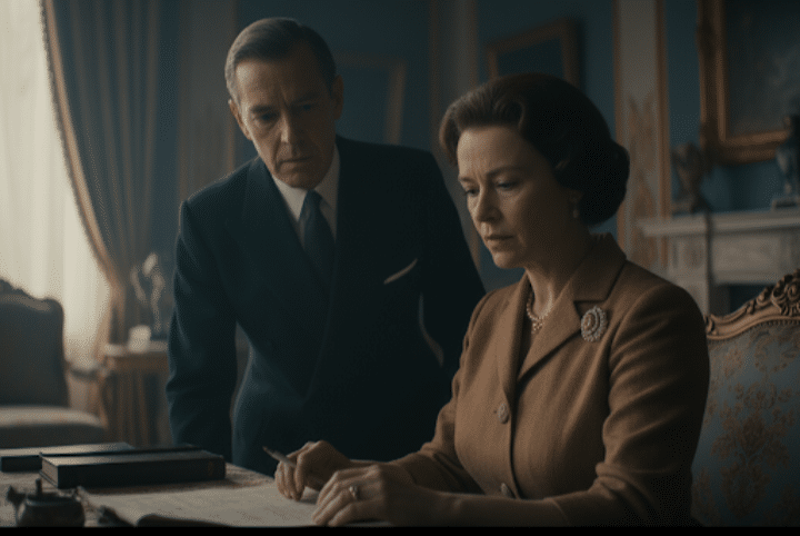 Personagens da série The Crown discutindo em um cenário real.