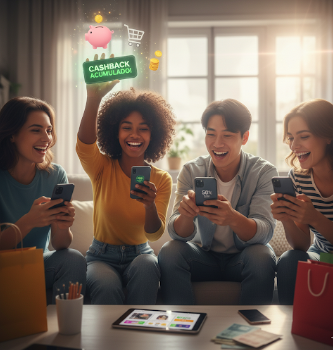 Grupo de amigos usando celulares para ganhar cashback e recompensas em compras.