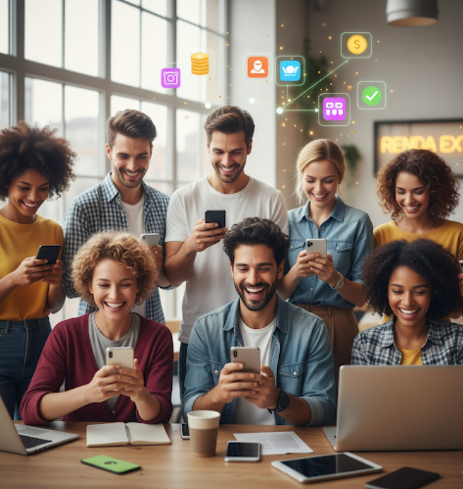 Grupo de pessoas usando smartphones e laptops, com ícones de aplicativos de renda extra flutuando.
