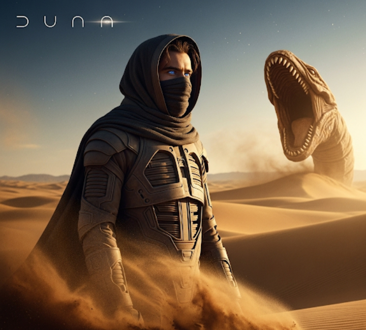 Paul Atreides, personagem de Duna, no deserto de Arrakis com um verme da areia ao fundo.