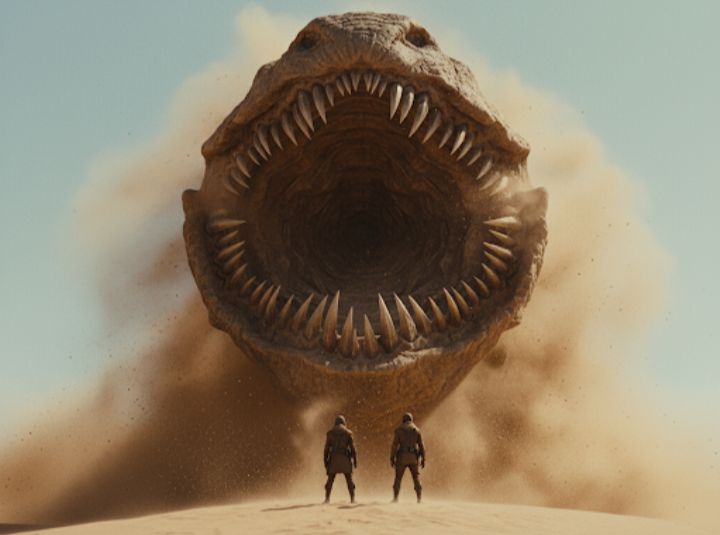 Verme da areia (Shai-Hulud) com a boca aberta no deserto de Arrakis.