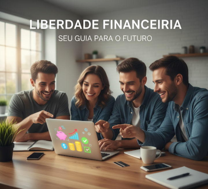 Grupo de jovens analisando finanças pessoais em laptop, com gráficos e ícones de dinheiro.