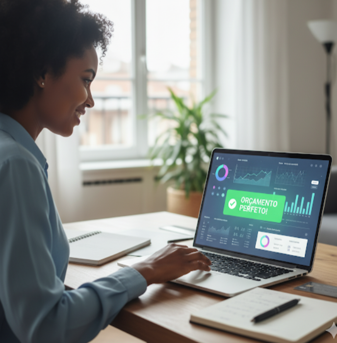 Mulher analisando orçamento financeiro em laptop, com gráficos e dados.