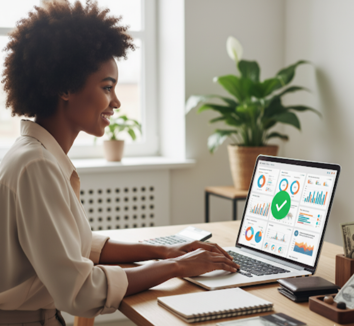 Mulher analisando orçamento financeiro em laptop, com gráficos de organização.