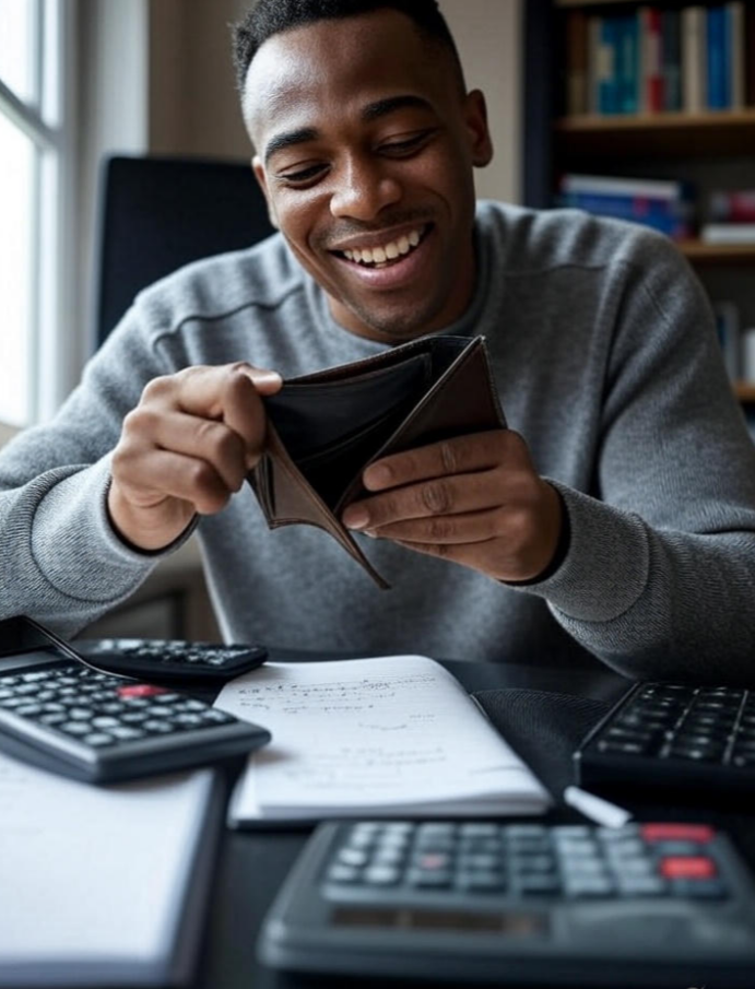 Pessoa aliviada evitando dívidas no dia a dia com finanças controladas.