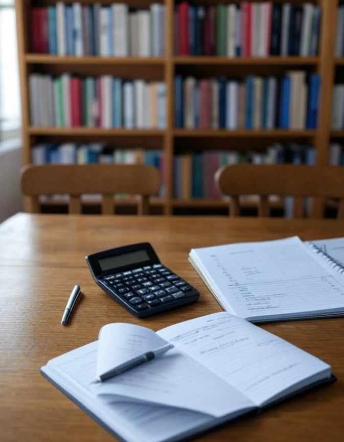 Calculadora e caderno para evitar dívidas no dia a dia com planejamento financeiro.