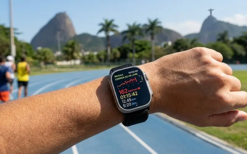 Pessoa monitorando corrida no Apple Watch.