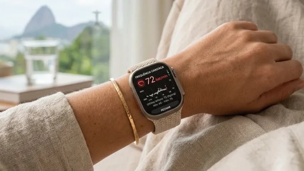 Apple Watch mostrando gráfico de batimentos cardíacos no pulso.