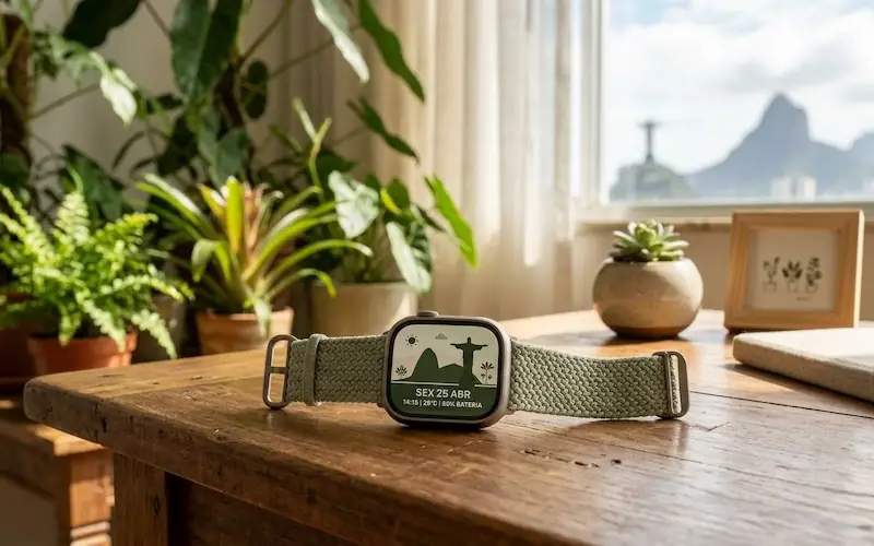 Apple Watch com pulseira de tecido ecológico em ambiente natural.