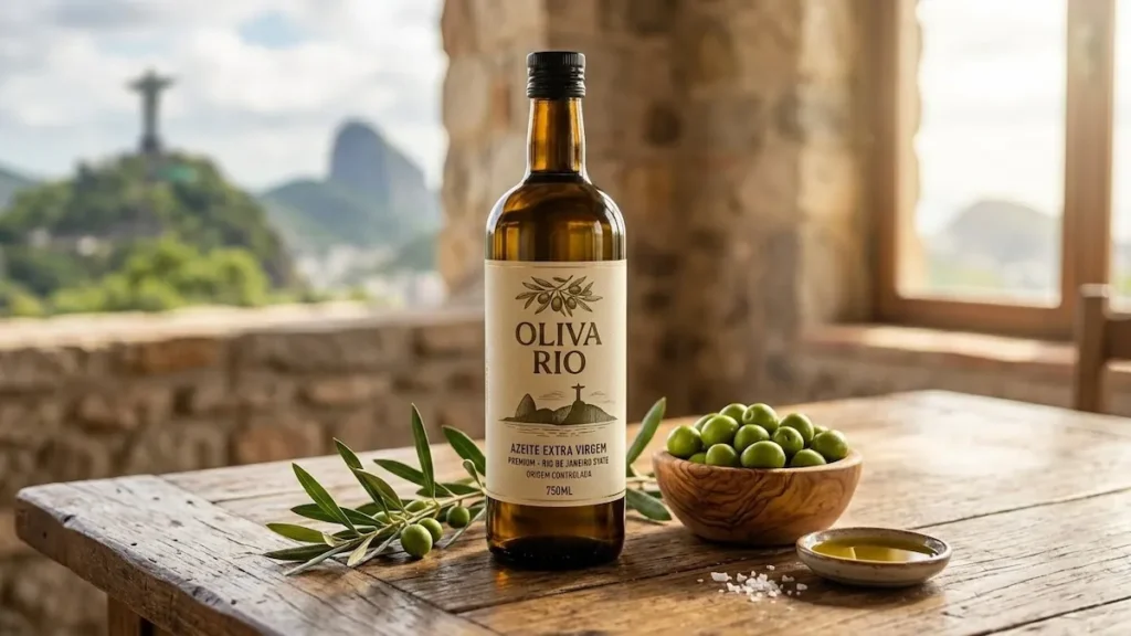 Garrafa de azeite de oliva premium ao lado de azeitonas frescas e ramos de oliveira.