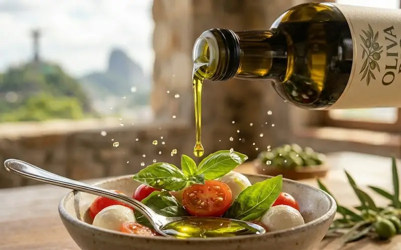 Fio de azeite dourado sendo despejado sobre uma salada mediterrânea fresca.