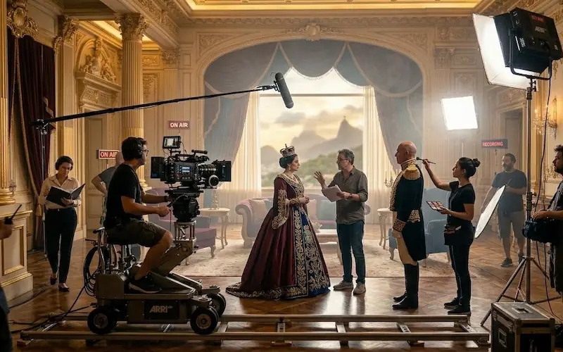 Câmeras de cinema profissionais focadas em um ator vestido como membro da família real.