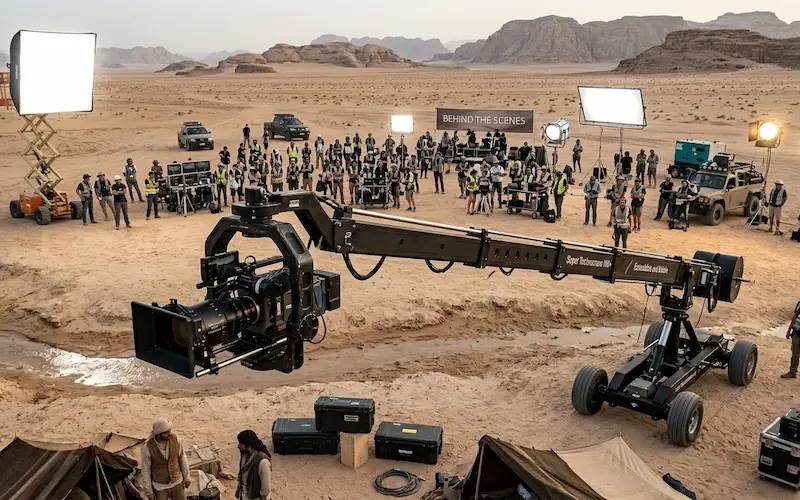 Set de filmagem profissional com câmeras IMAX focadas em uma duna de areia.