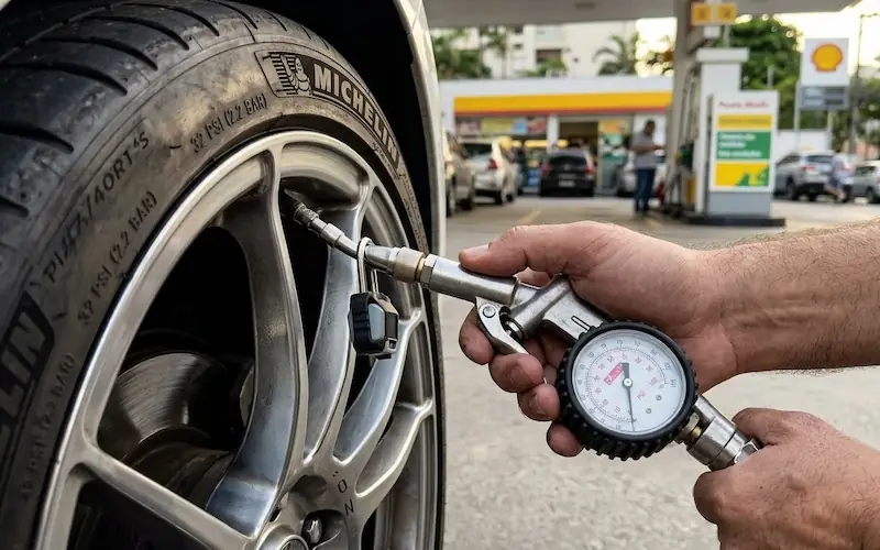 Pessoa calibrando os pneus de um carro em um posto de combustível.