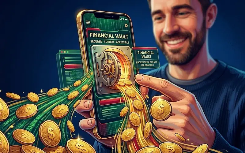 Carteira digital no celular com moedas de ouro saindo da tela.