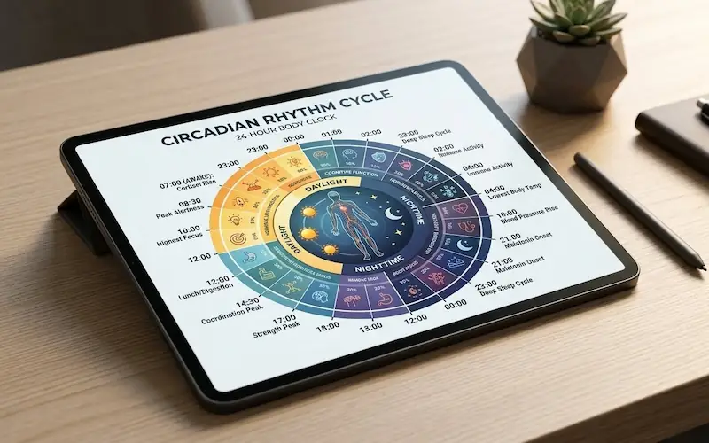 Infográfico elegante sobre mesa de madeira mostrando o ciclo do sono e dicas de como dormir melhor.