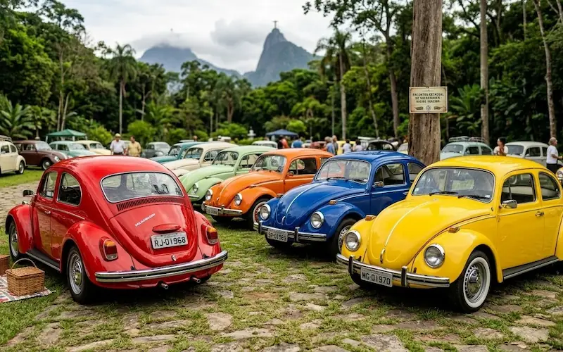 Fileira de Fuscas coloridos e restaurados em uma exposição de carros antigos.