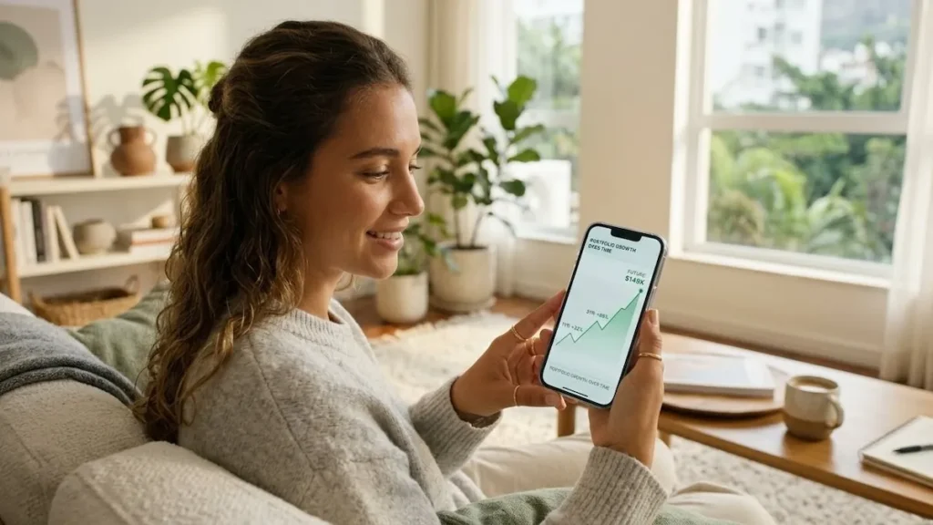 Pessoa jovem usando um smartphone para investir com pouco dinheiro em um ambiente doméstico tranquilo.