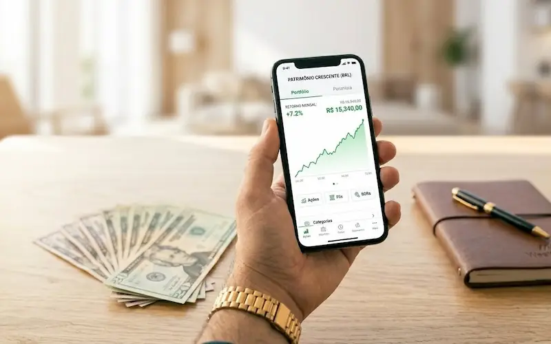 Smartphone com gráfico positivo ajudando a evitar dívidas dia a dia.