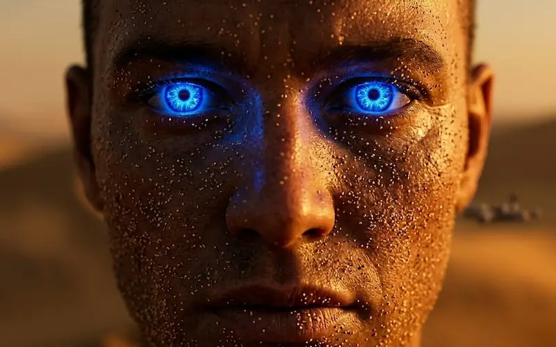 Close-up de personagem de Duna com olhos azuis pela especiaria.