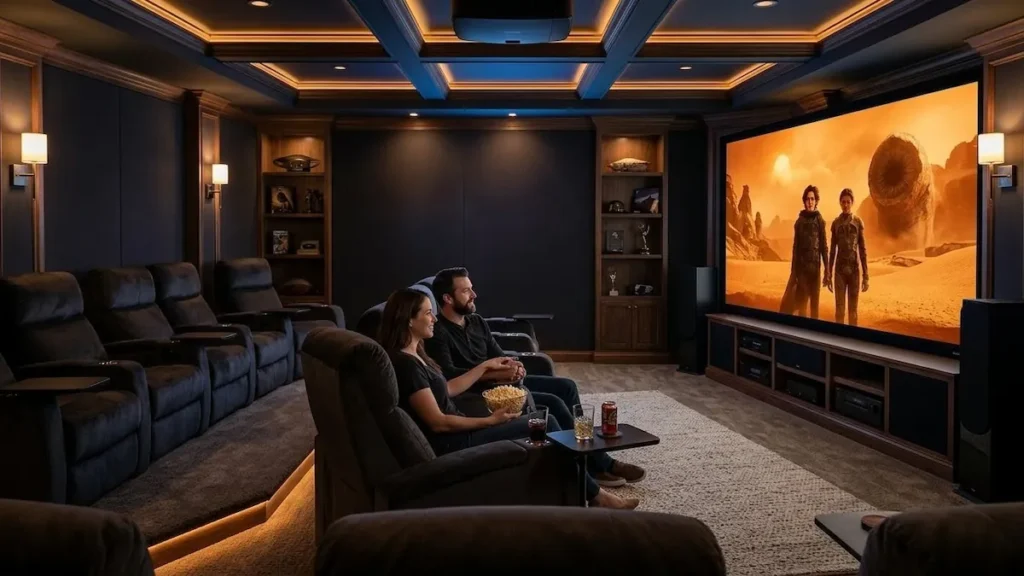 Uma sala de cinema moderna exibindo o filme Duna com foco na imensidão do deserto.