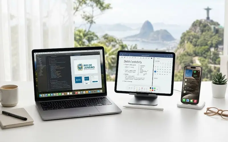 Um iPhone, um iPad e um MacBook integrados sobre uma mesa branca.