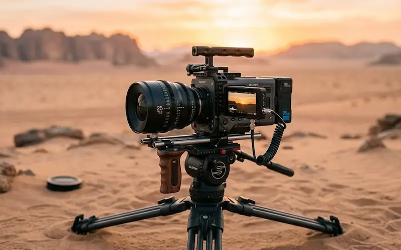 Detalhe de equipamento cinematográfico profissional em um set de filmagem de deserto.