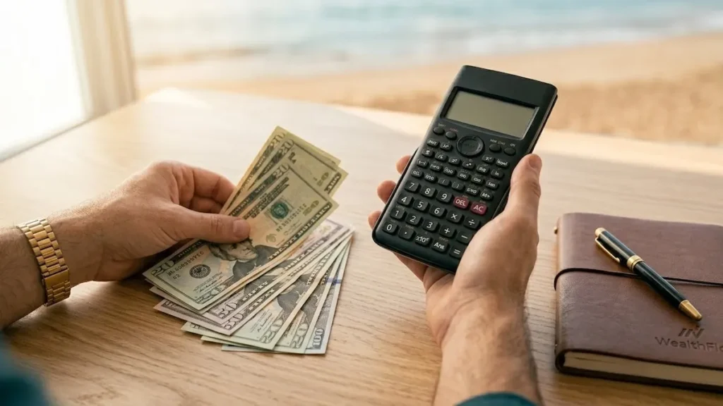 Pessoa organizando contas para evitar dívidas dia a dia com calculadora.