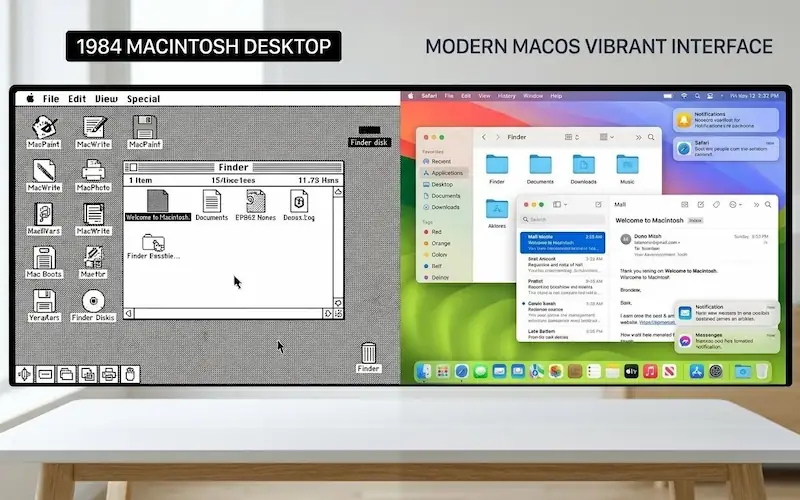Comparativo visual entre o System 1 e o macOS moderno.