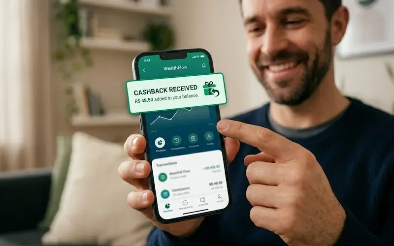 Tela de celular mostrando saldo de cashback recebido no aplicativo Méliuz.