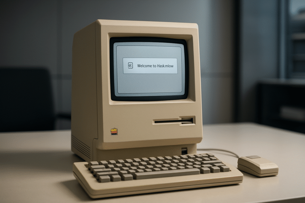 Computador Macintosh original de 1984 com mouse e interface gráfica.