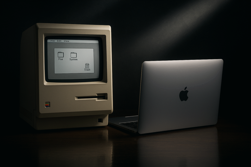 Macintosh original de 1984 ao lado de um notebook moderno, simbolizando o legado da Apple.