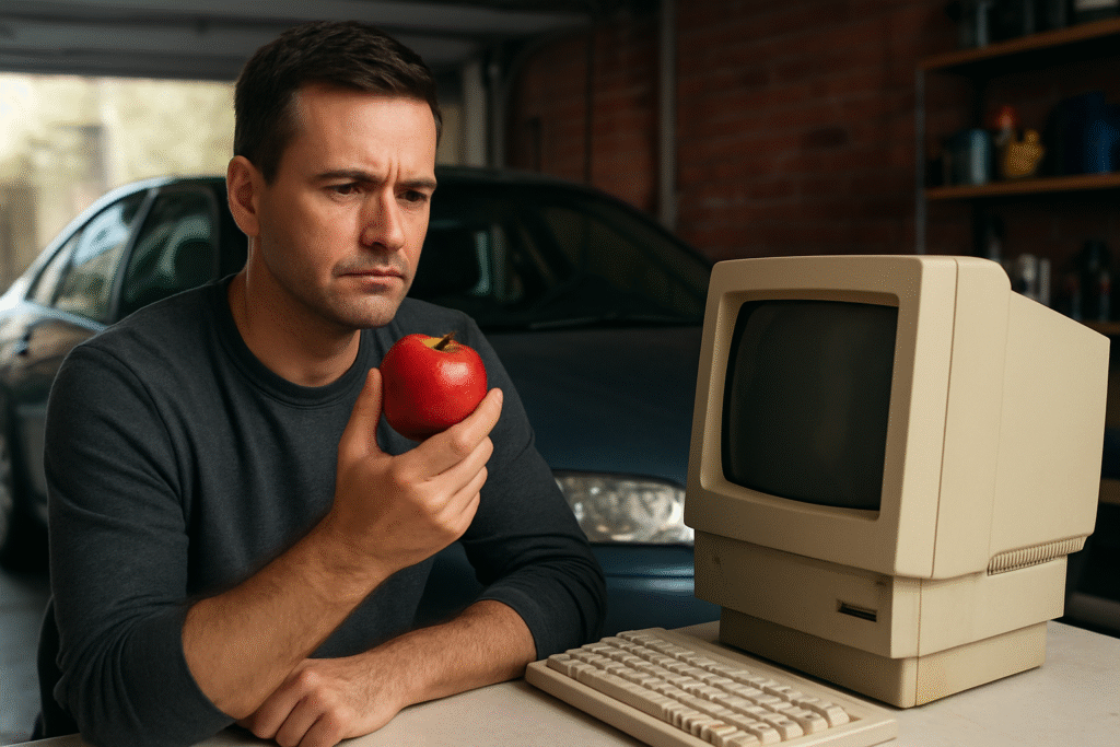 Homem segurando maçã vermelha ao lado de um computador Apple antigo Macintosh.