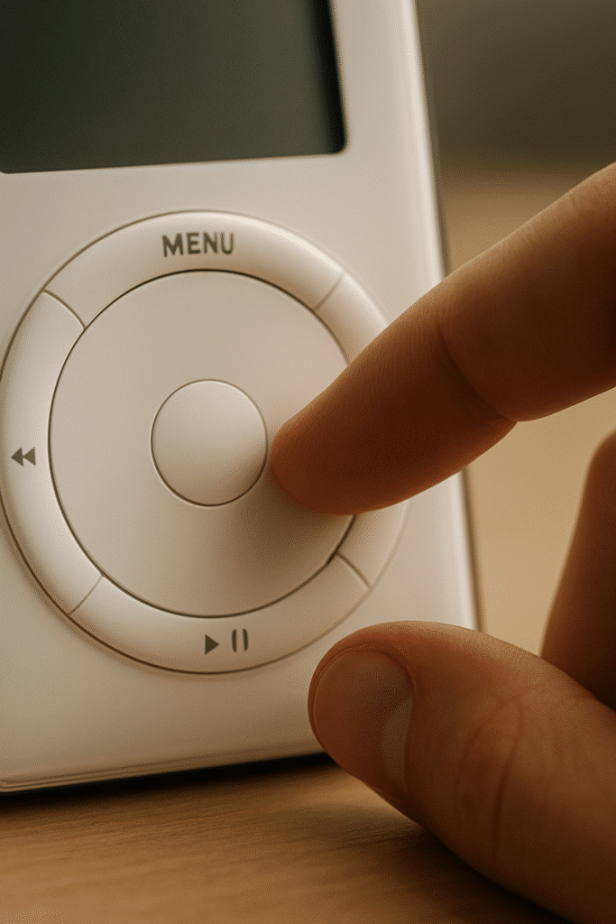 Mão usando o click wheel do iPod para navegar em músicas.
