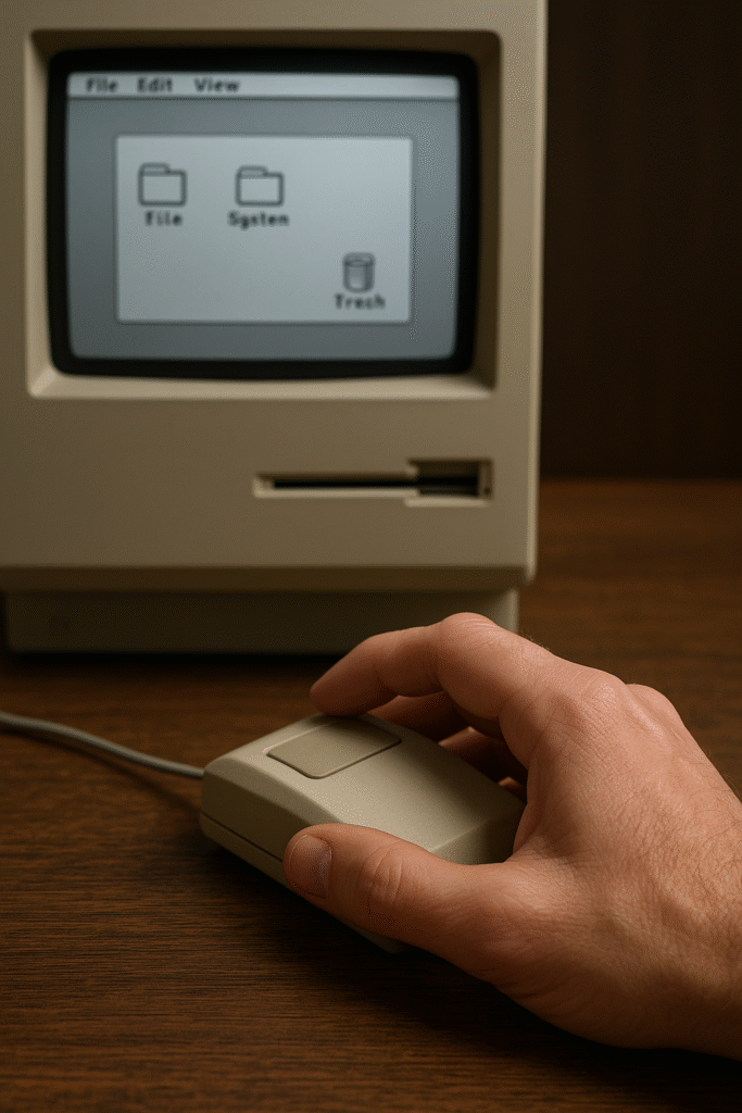 Mão usando o mouse do Macintosh de 1984 com interface gráfica na tela.