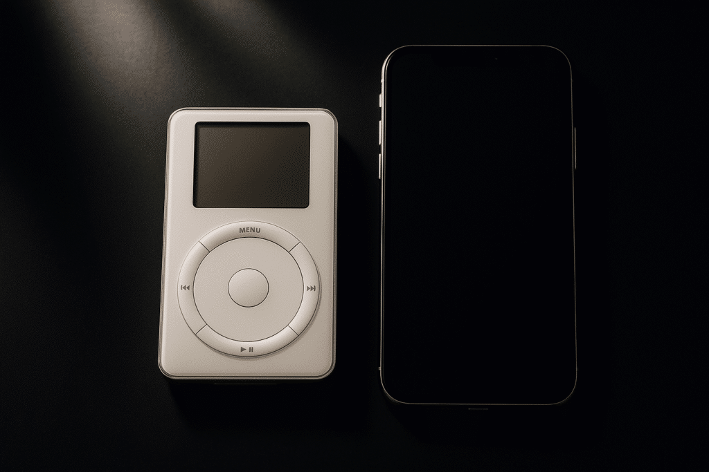 Primeiro modelo do iPod e um iPhone moderno lado a lado.