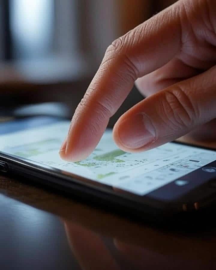 Mão interagindo com a tela multitoque de um iPhone.