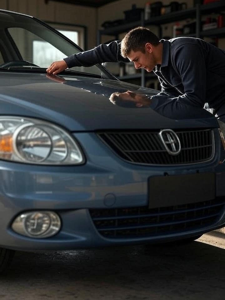 Homem limpando carro após manutenção no dia a dia.